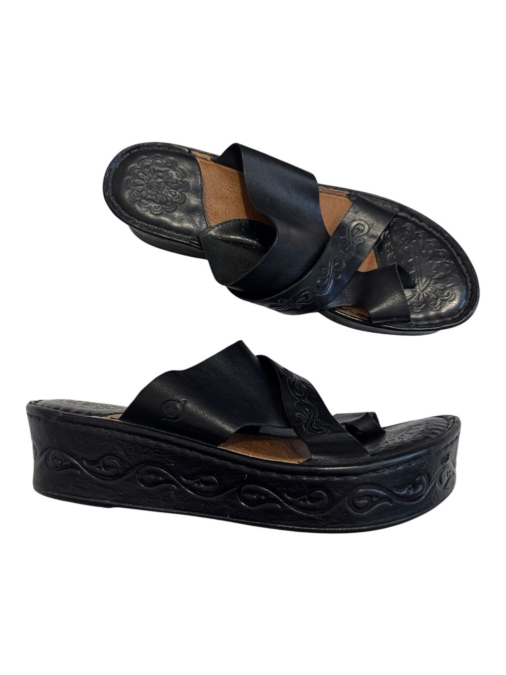 Born Black Leather Platform Sandals Womens 10 Mule Casual Summer Beachy Strappy